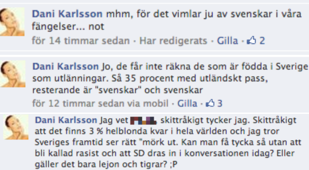 Några av Karlssons kommentarer på Facebook, under inlägget.